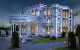 Two floors villa with a cozy living room featuring a fireplace, kitchen in a contemporary style and dressing room with optimized storage space. Modern Classic Villa Exterior Design Trendecors