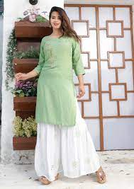 Front side chikankari with sequence work. Aarchi S Reyon Full Hand Work Emrodary Flower Design Kurti Reyon Sarara Hoodibabaa Com