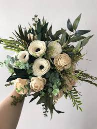 Wood Flower Bouquet Green Wedding Bouquet Black Wedding Flowers Green Gold Weddings