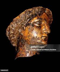Gilt bronze head of Sulis Minerva from a cult statue in the temple at...  News Photo