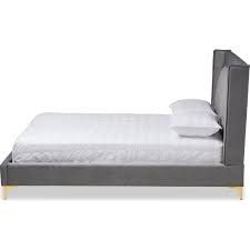 Baxton BBT6740-Dark Grey-King Valery King Platform Bed in Tufted Dark Gray  Velvet & Gold