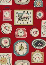 Clocks Red Our Seasonal Theme Of Time Is Graphically Captured In Three Colourways Stone Green And Red In A Lively No Novelty Print Prints Novelty Clocks