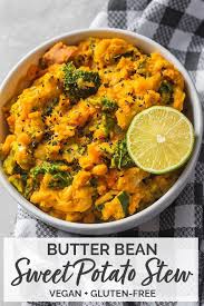 This Butter Bean Sweet Potato Stew Is So Comforting And Full Of Flavour Made With Broccoli Kale And Zucchini It Stew Recipes Vegan Entree Recipes Vegan Stew