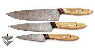 This collection of stamped knives is made from sturdy stainless steel but is still lightweight enough that your hand won't tire while chopping piles of produce. Damascus Steel Hand Forged 3 Pcs Brown Kitchen Chef Knife Set Gladiatorsguild