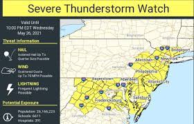 Severe thunderstorms are possible in and near the watch area. N J Weather Severe Thunderstorm Warnings Issued With Threat Of 70 Mph Winds Large Hail Nj Com