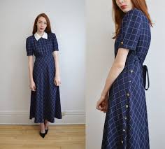 80s Plaid Maxi Dress Preppy Mod Navy Blue By Browncowvintage 58 00 Plaid Maxi Dresses Dresses Preppy Dresses