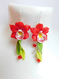 Red Earrings Orchid Jewelry Christmas Gift Long Flower Flower Jewellery Christmas Gift Jewelry Red Earrings