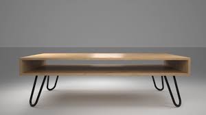 Features a wrought iron frame and legs and solid wood table top. Coffee Table With Bare Steel Hairpin Legs 3d Model