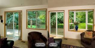 Renovated Living Room Windows Before Aluminum Frame Sliding Door And Horizontal Slider After Milgard Mon Vinyl Bay Window Windows Horizontal Sliding Windows