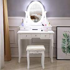 Vanity set with mirror has a lot of advantages. Amazon Com Vanity Table Set White Makeup Dressing Table With Oval Lighted Mirror Cushioned Stool 3 Drawers 2 Storage Cases Wooden Makeup Furniture For Women Girls Bedroom A1 Kitchen Dining