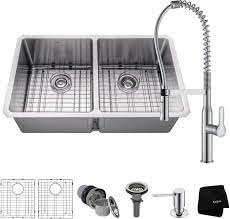 Place sink in new hole, install faucet hoses. Kraus Khu10233165041ch 33 Inch Double Bowl Kitchen Sink And Commercial Faucet Combo With Noisedefend 16 Gauge Stainless Steel And Commercial Grade Finish Chrome