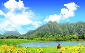 Free Scenery Wallpaper Includes Green Mountains Blue Sea And Yellow Flowers Fit For All Users Free Scenery Wallpaper Fantasy Landscape Nature Wallpaper