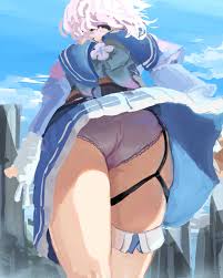 march 7th (honkai: star rail), march 7th (preservation) (honkai: star rail),  honkai: star rail, honkai (series), highres, 1girl, ass, leg strap, legs,  panties, pink hair, skirt, sky, underwear, upskirt, white panties -