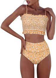 Amazon Com Rxrxcoco Womens Shirred Bandeau Bikini Cute Two Piece Swimsuit Off Shoulder High Wais High Waisted Bathing Suits Two Piece Swimsuits Bandeau Bikini