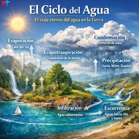 💧 El viaje invisible del agua que sostiene la vida Cada gota que bebes ha estado antes en nubes, ríos, plantas y océanos. Nada se pierde, todo se transforma. El ciclo del