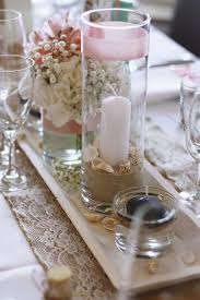 Tischdekoration Maritim Vintage Rosa Sand Muscheln Schwimmkerze Stumpenkerze Jutelaufer Holztablett Hortensien Schleierkraut Decor Table Decorations Home Decor