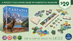 Calico is a quilt and cat themed board game designed by kevin russ and released by flatout games via kickstarter in 2020, with a retail release from aeg soon thereafter. Cascadia By Flatout Games Kickstarter