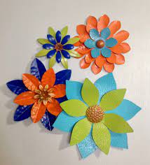 Metal Wall Fence Flower Decor 4 Pc Lg Wall Fence Art Indoor Outdoor Metal Flowers Turquoise Orange Lime Dark Blue Metal Flower Wall Decor Metal Flowers Metal Wall Flowers