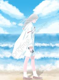 毎日の風の強い日のシーンの図のビーチの上を歩く女の子 風の強い日 新鮮な ブルー illustration image on pngtree ロイヤリティフリー ビーチ シーン イラスト画像