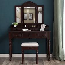 Songmics 7 Drawers Vanity Table Set Tri Folding Necklace Hooked Mirror 6 Organizers Makeup Dressin Vanity Set With Mirror Vanity Table Set Dressing Table Set