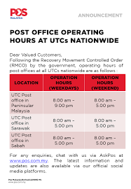 Selain itu, pos malaysia turut memaklumkan bahawa kelewatan penghantaran mungkin berlaku disebabkan pelbagai kekangan dalam tempoh pkp penuh ini. Pos Malaysia Berhad On Twitter Pengumuman Waktu Operasi Pejabat Pos Di Utc Seluruh Negara Announcement Post Office Operating Hours At Utcs Nationwide Https T Co Ytndikkfwn