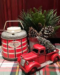Love Using Vintage Trucks And Thermoses In Holiday Decorating Vintage Christmas Tree Decorations Vintage Christmas Tree Country Christmas