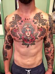 Particular chest tattoo designs are effective at showing your love towards something or someone. Traditional Chest Piece By Aaron Hodges Spider Murphy S Tattoo In San Rafael Ca Arms Also Done By Aaron Tattoos