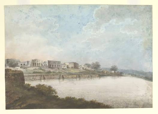 RBSI - The old Palace buildings within the Fort along the riverside at Monghyr (Bihar) - 1814 Watercolour of palace buildings in Bihar originally from 'Views by Seeta Ram from Moorsheedabad to
