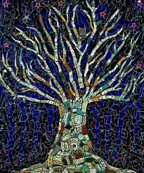Tree Of Life Mosaic Art By Angela Farnham Blue White Words Stars Owl Bird Tree Of Life Artwork Mosaic Tree Tree Mosaic
