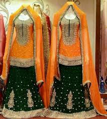 Pakistani Indian Orange And Dark Green Mehndi Lehenga Orange Lehenga Pakistani Bridal Dresses Nice Dresses