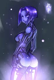 maniacpaint, cortana, highres, 1girl, ass, breasts, colored skin, female  focus, halo, hologram, large breasts, looking back, matching hair eyes, nude,  purple eyes, purple hair, purple skin, short hair, smile, solo 