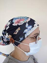 Nurses Hat For Long Hair With Buttons For Mask Surgical Cap Etsy Long Hair Styles Nurses Hat Button For Mask