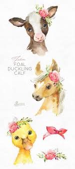 From small creatures like insects and mice to giant beasts like elephants and whales, animals populate our world and make up our complex ecosystem. Farm Foal Calf Duckling Watercolor Little Animals Clipart Baby Cow Horse Duck Country Flowers Kids Nursery Art Nature Baby Shower Baby Animal Drawings Animal Drawings Cute Animal Drawings