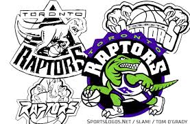 The original logo for toronto raptors depicted a bright red raptor in a basketball uniform, placed in a circular purple and black background with an arched inscription above it. A Look At Some Original Proposed Toronto Raptors Logos Sportslogos Net News