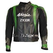 Mens Black Green Ninja Kawasaki Motorcycle Leather Suit Jacket With Hump