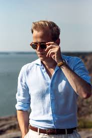 Men S Summer Style Light Blue Linen Shirt And Striped Trousers Shirt Outfit Men Linen Shirt Men Mens Outfits