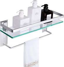 Get the best deals on glass bathroom towel racks. Amazon Com Vdomus Tempered Glass Bathroom Shelf With Towel Bar Wall Mounted Shower Storage 15 2 By 4 5 Inches Brushed Silver Finish Silver Kitchen Dining