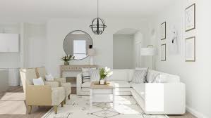 Contemporary white round dining table. Neutral Modern Farmhouse Living Room Design Idea By Spacejoy
