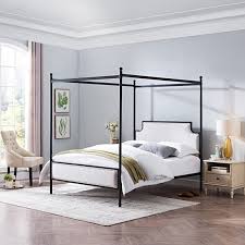 This bed brings a sleek contemporary design to the classic canopy bed silhouette. Buy Asa Queen Size Iron Canopy Bed Frame With Upholstered Studded Headboard By Gdfstudio On Dot Bo