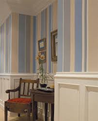 Just decide how thick you want the stripes to be, use painter's tape to mark off the borders, then fill in the lines with your desired color of paint. Wall Decoration With Stripes Width And Direction Striped Walls