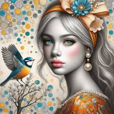 Amazing prompt of Sylvia Stokes with a few changes ❤️ My prompt: Highly  realistic sureal image of a woman wearing a pretty girlie and pearl  headband in orange print of blue and