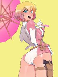 minicop2001, gwenpool, marvel, spider-man (series), highres, 1girl, aqua  eyes, ass, blonde hair, breasts, gloves, gradient hair, holding, holding  umbrella, leotard, long sleeves, looking at viewer, medium breasts,  multicolored hair, multicolored ...