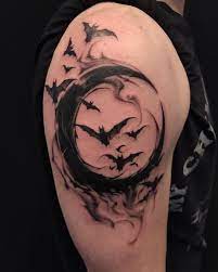 High Voltage Tattoo On Instagram Goth D Out Crescent Moon And Bats By Mikeyctattoo Moon Tattoo Designs Spooky Tattoos Tattoos