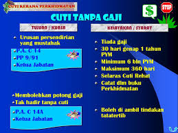 Bagi urusan sendiri di luar negara, cuti ini tidak boleh diambil sekali lagi sehingga 4 tahun telah berlalu selepas cuti pertama. Kemudahan Cuti Pegawai Awam Ppt Download
