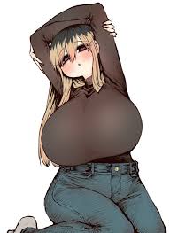 zyugoya, ochiai (kinjo no hito no nakimushi), kinjo no hito no nakimushi,  highres, 1girl, :o, @ @, arms behind head, black hair, black shirt, blonde  hair, blush, breasts, denim, huge breasts, jeans,