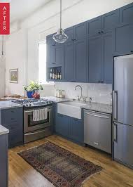 Kitchen design by jenn feldman designs. Before After A Park Slope Kitchen Looks Up Kitchen Renovation White Kitchen Design Blue Gray Kitchen Cabinets