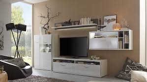 Wohnzimmer schrankwand in weiss hochglanz beton grau 4 teilig moebel. Wohnwand Trento 1 Weiss Hochglanz Absetzungen Grau