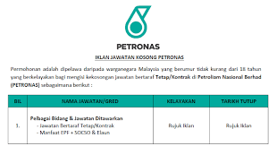Dapatkan kerja dan jawatan kosong kerajaan dan swasta seluruh negeri di malaysia yang menawarkan gaji tinggi dan lumayaan dan terbaik. Permohonan Jawatan Kosong Di Petronas Pelbagai Kekosongan Jawatan