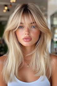 35 Trendy Long Straight Haircuts To Try Now : Golden Blonde Shag with  Curtain Bangs