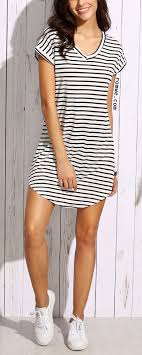 Black And White Striped T Shirt Dress Striped Curved Hem Tee Dress Tshirt Dress Striped T Shirt Dress White Striped Dress